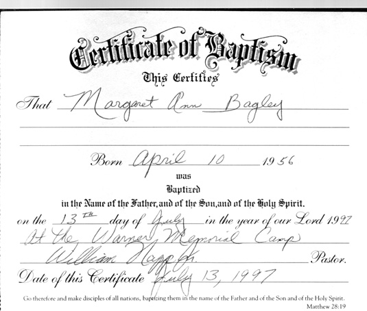 Certificate of Baptism for Margaret Ann Bagley