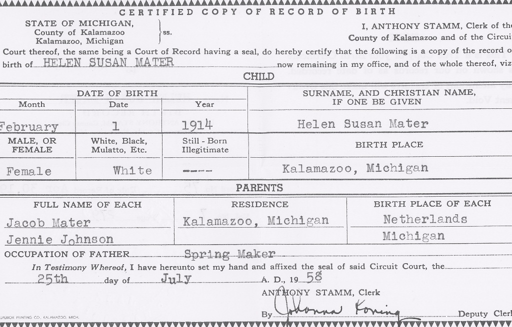 Certificate of Birth of Helen Susan Mater, 1914