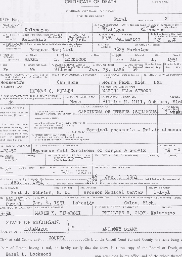 Death Certificate of Hazel Mullen Lockwood, 1951
