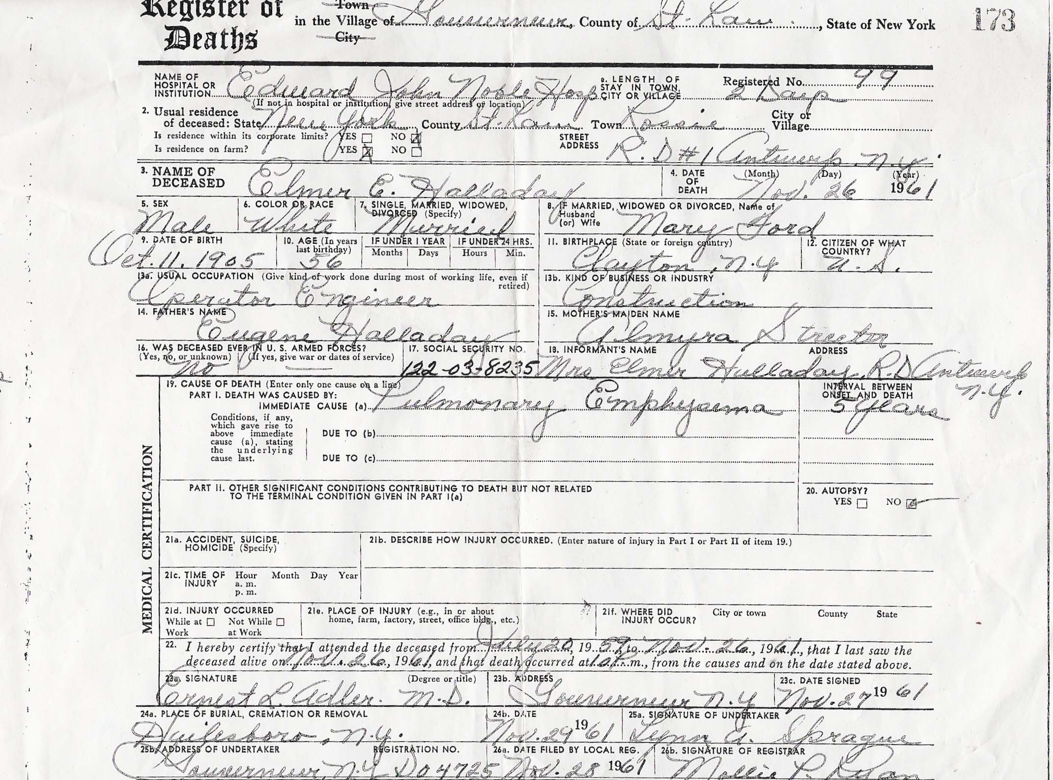 Death certificate for Elmer Halladay