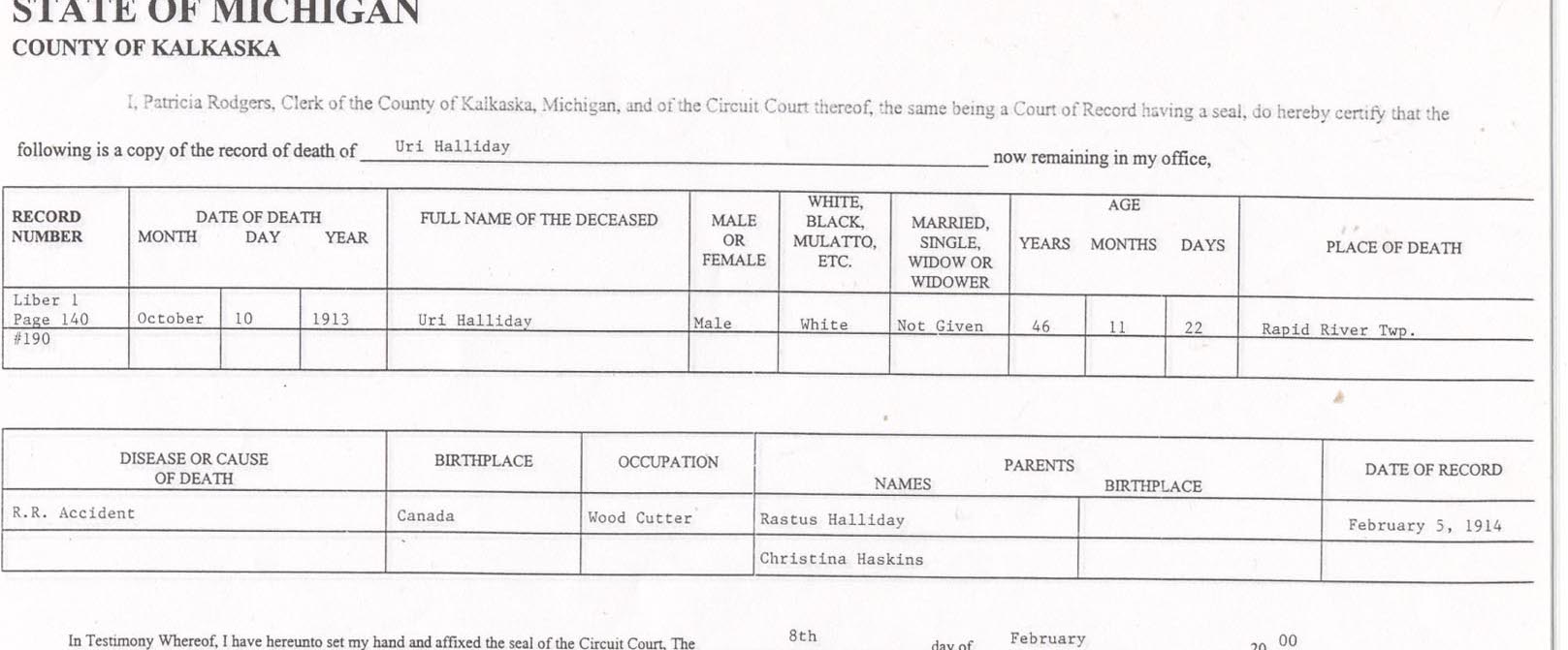 Death Certificate of Uri Halliday
