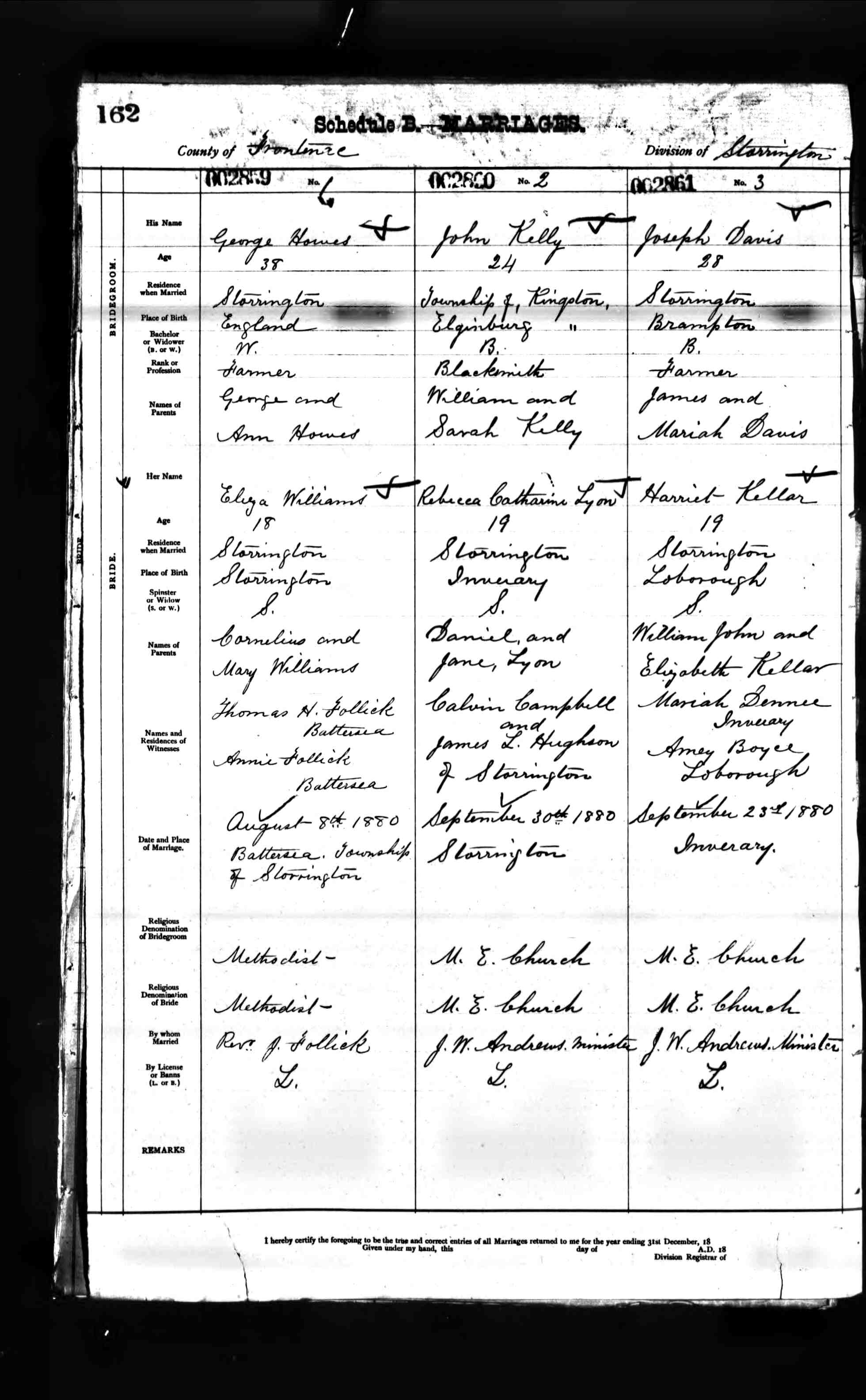 Marriage record of George Howes and Eliza Williams